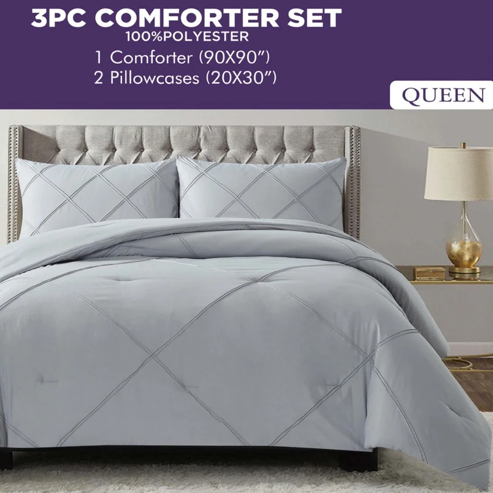 Gray 3 Pieces Soft Boho Comforter Set. Luxury Solid Color Comforter Set